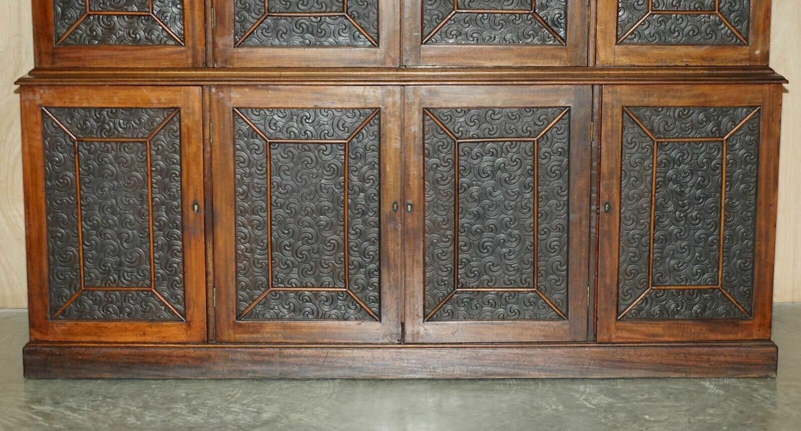 Stunning Antique Victorian Mahogany & Embossed Leather Library Bookcase Cupboard photo buy