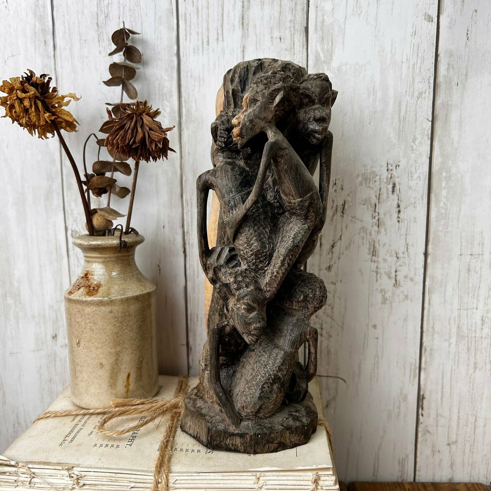 Vintage Wooden Hand Carved African Folk Art Makonde Tree Of Life Family Statue