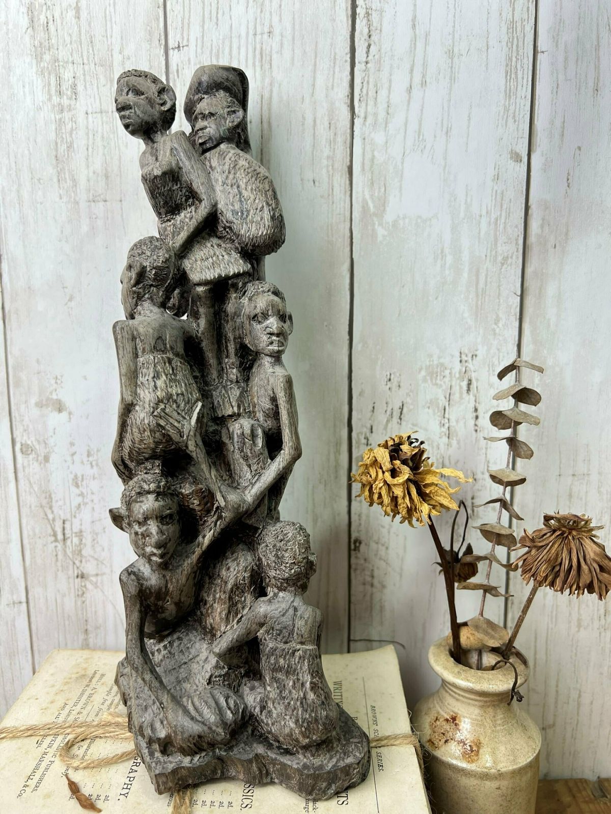 Vintage Wooden Hand Carved African Folk Art Makonde Tree Of Life Family Statue photo vinterior