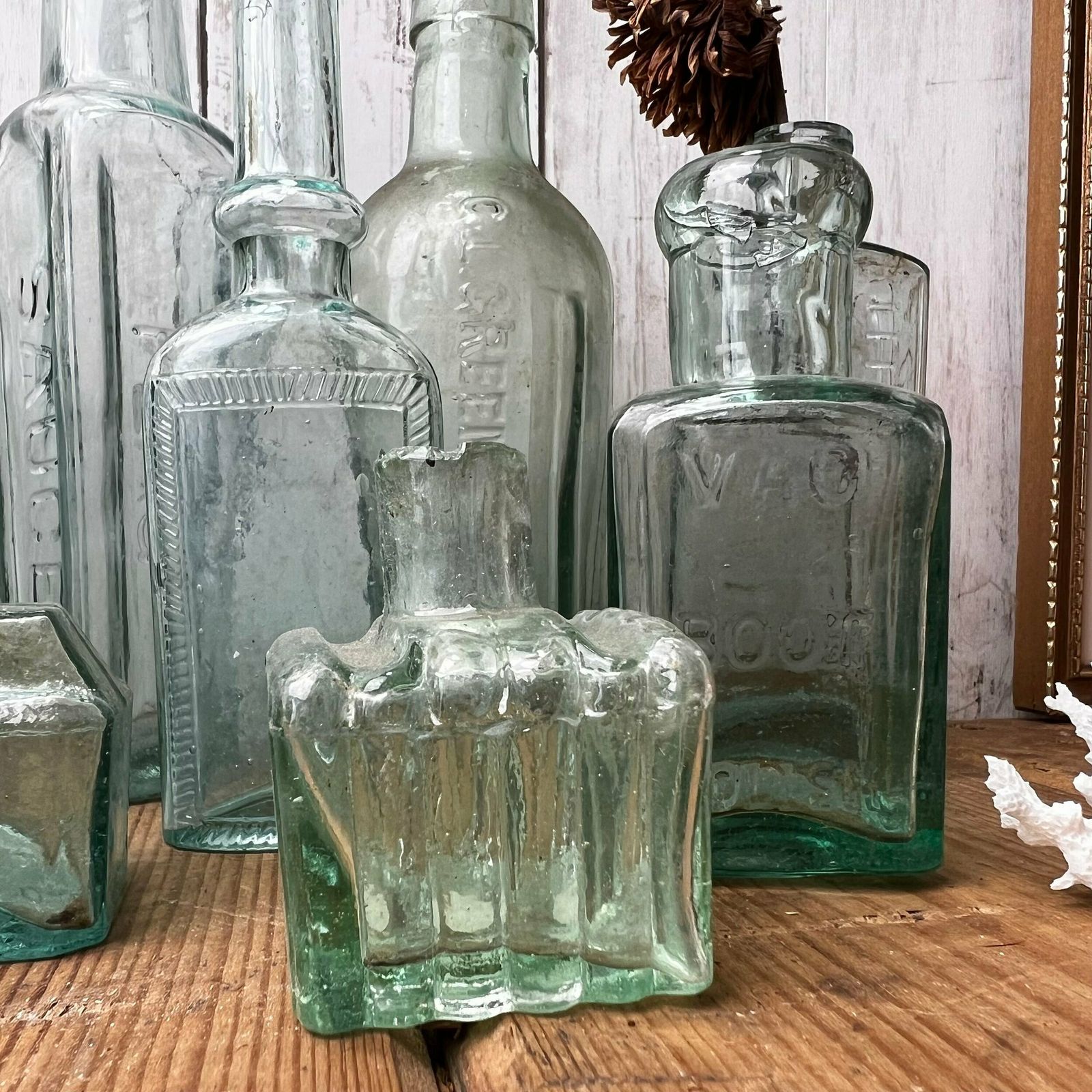 Collection Of Ten Antique Glass Poison Apothecary Chemist Bottles Vases photo for sale