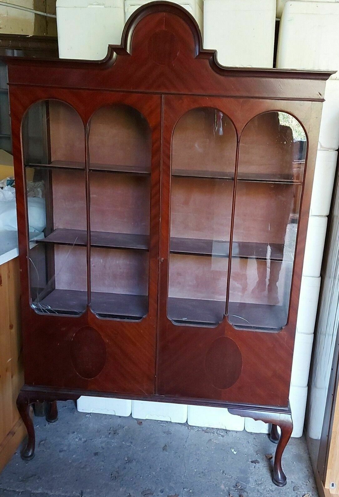 1920's Mahogany Double Door Display Cabinet On Queen Anne Legs For Restoration