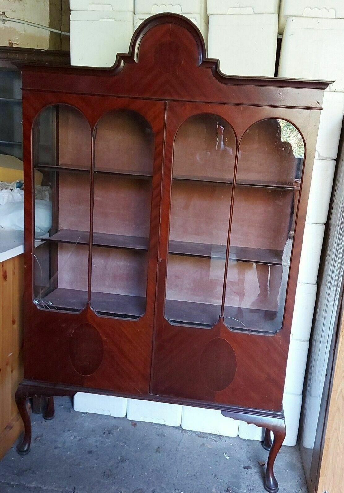 1920's Mahogany Double Door Display Cabinet On Queen Anne Legs For Restoration photo furniture