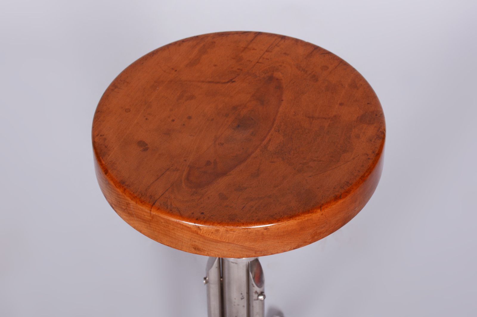 Restored Bauhaus Stool, Mücke Melder, Beech, Chrome Plated Steel, Czechia, 1930s photo 750.0