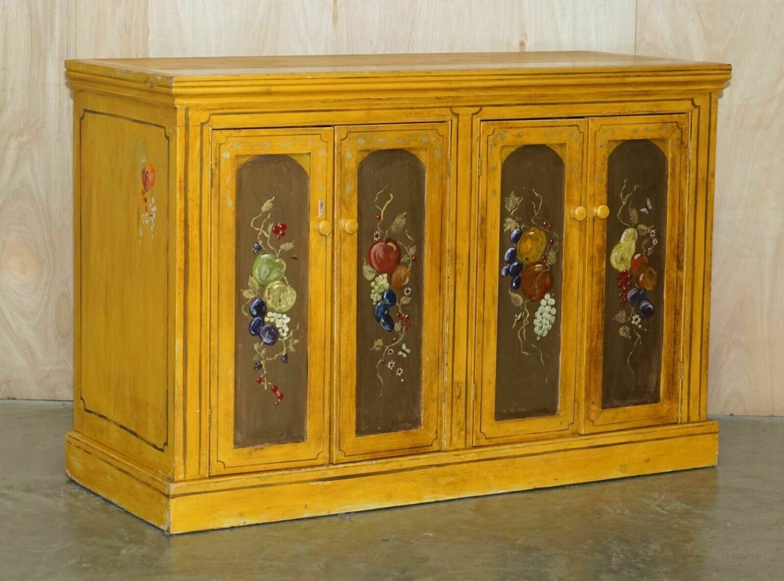 Antique Circa 1860 French Hand Painted Pine Housekeepers Sideboard Cupboard