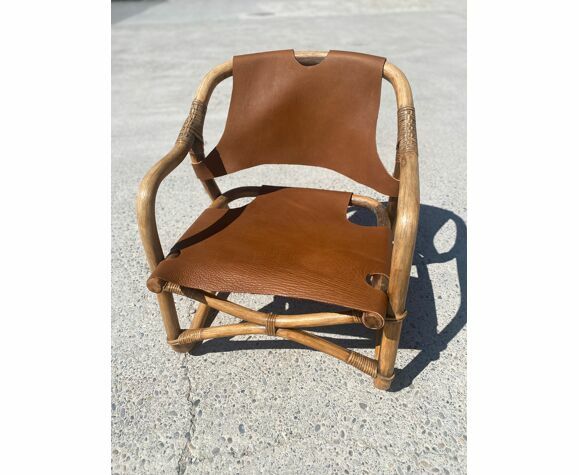 Mid Century Safari Armchair In Bamboo And Leather, Denmark, 1960s photo furniture