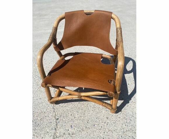 Mid Century Safari Armchair In Bamboo And Leather, Denmark, 1960s photo for sale