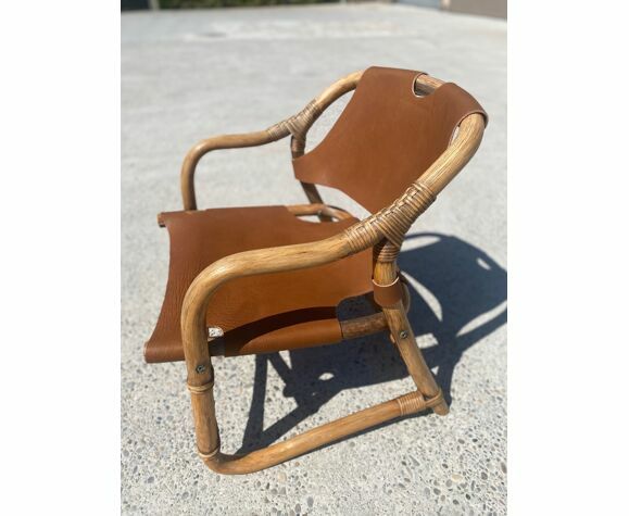 Mid Century Safari Armchair In Bamboo And Leather, Denmark, 1960s photo vinterior