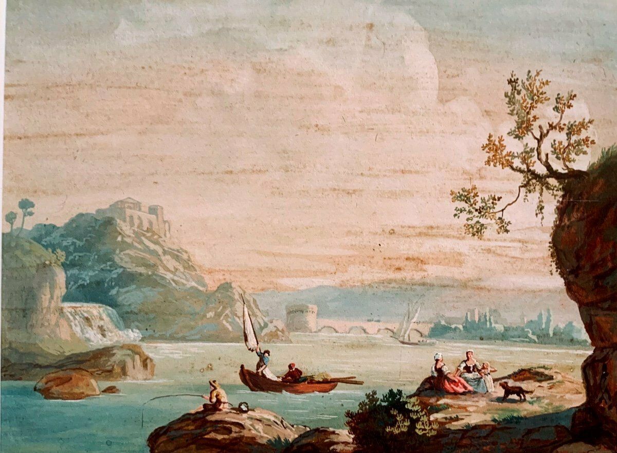 Watercolor Gouache Circa 1800 Representing An Animated Sea Landscape