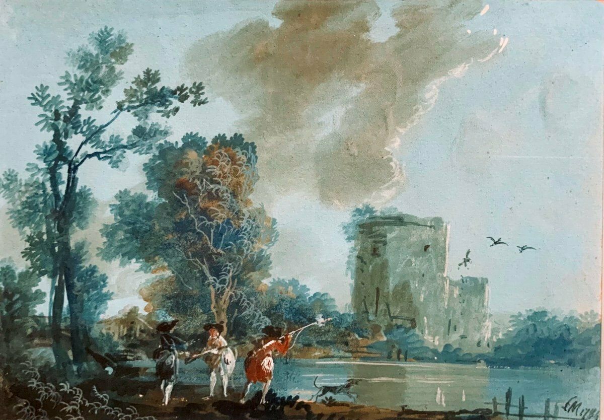 Italian Watercolor, Gouache Circa 1800 Representing Hunters In A Landscape