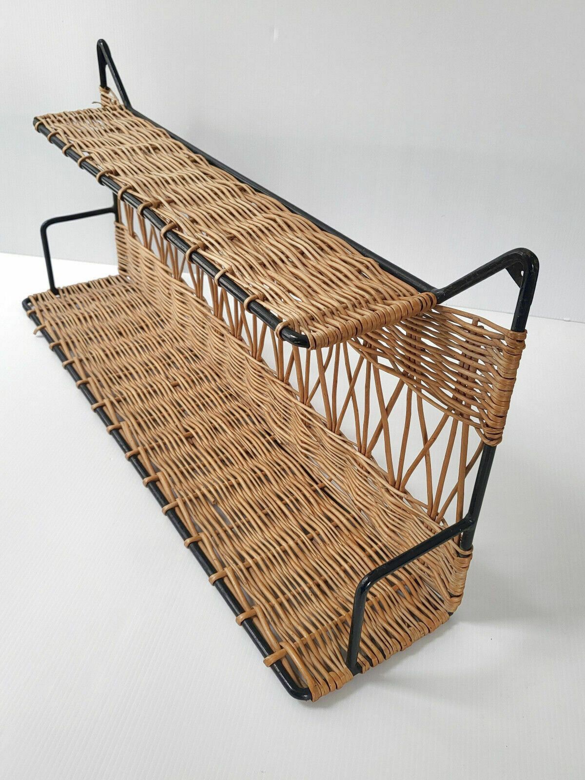 Vintage Wall Shelf Cat Ears 1950 In Rattan & Steel Rockabilly 50s photo furniture