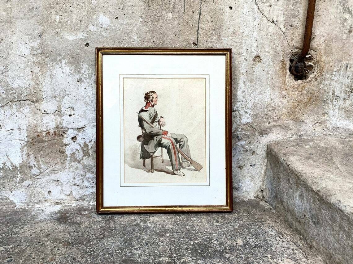 Original Watercolour In Frame   Portrait Of A Soldier   Study   Attributed To James Curnock (1812 1870)