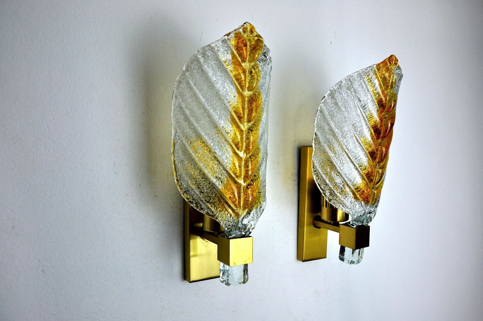 Pair Of "Leaf" Wall Lamps By Carl Fagerlund, Orange Murano Glass, Germany, 1970 photo buy
