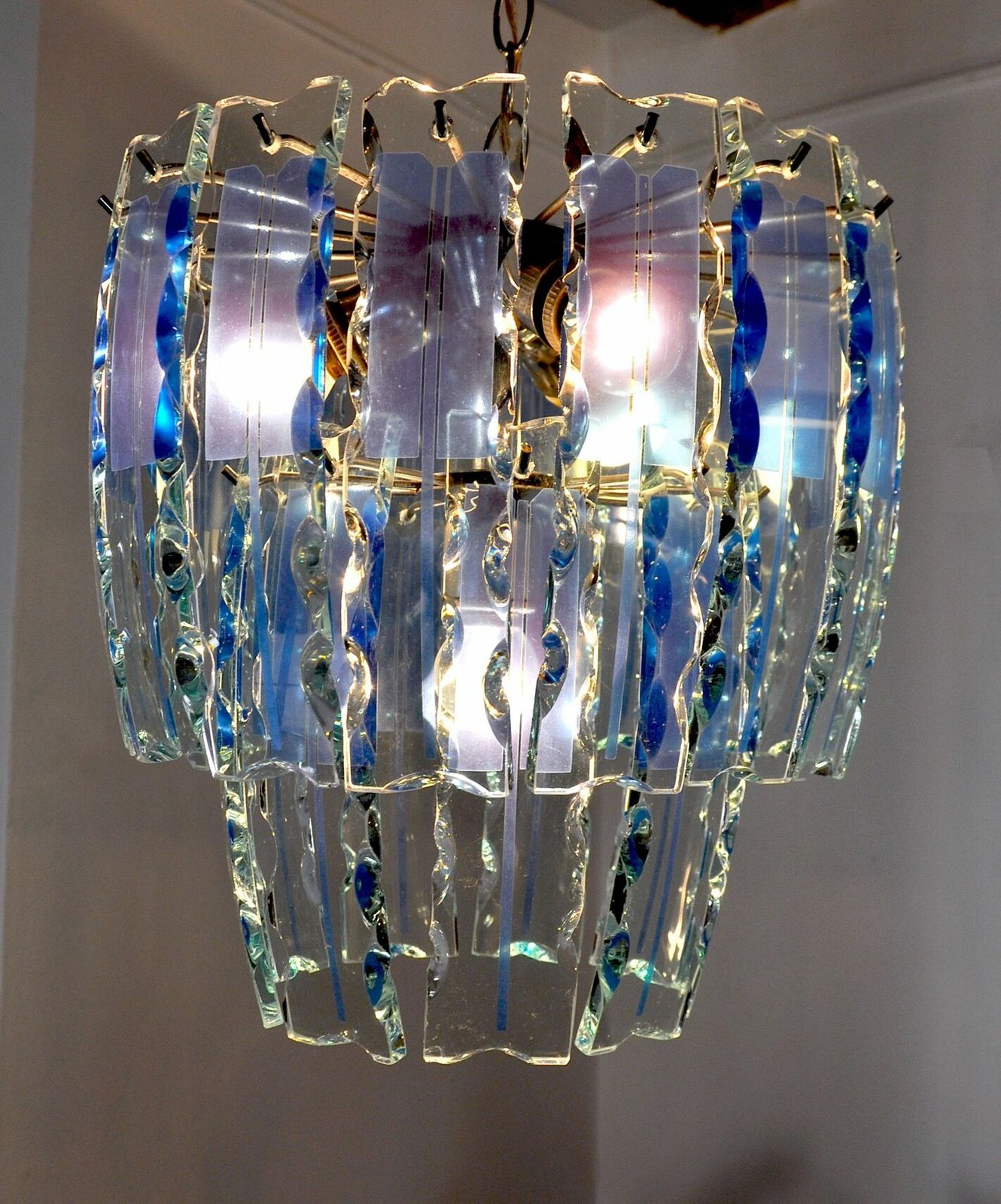 photo furniture Zero Quattro Chandelier, Murano Blue Cut Glass, Italy, 1970