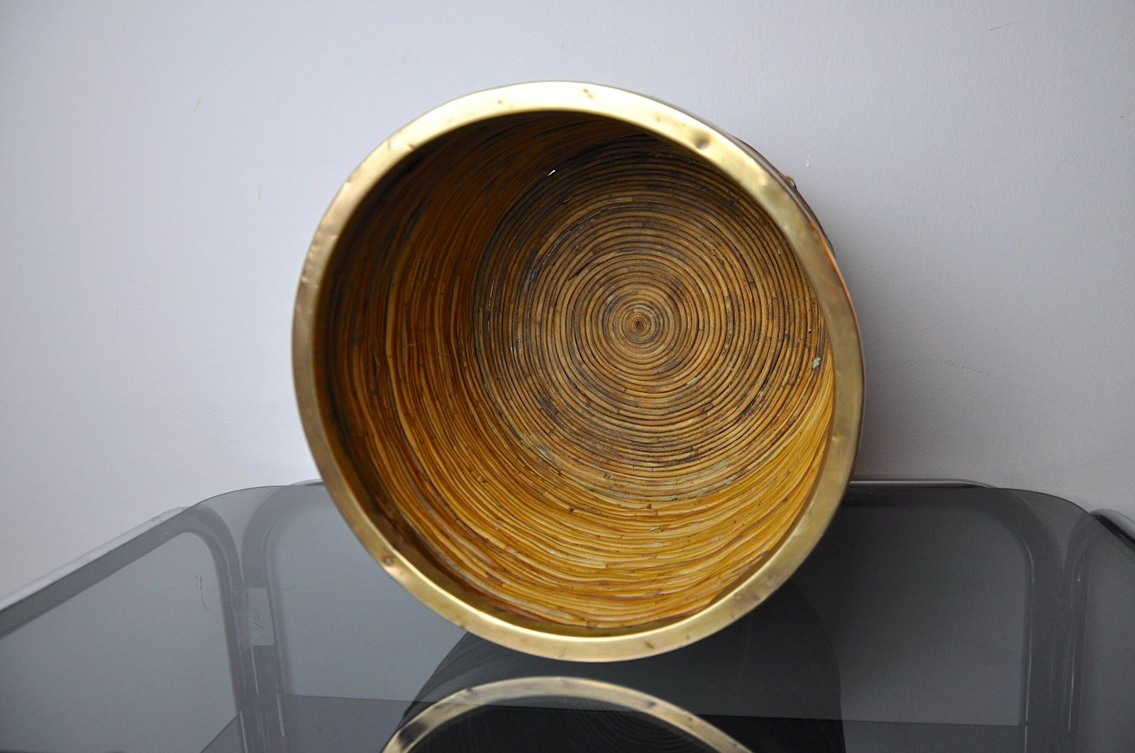 Rattan And Brass Planter Basket, Italy, 1970 photo for sale