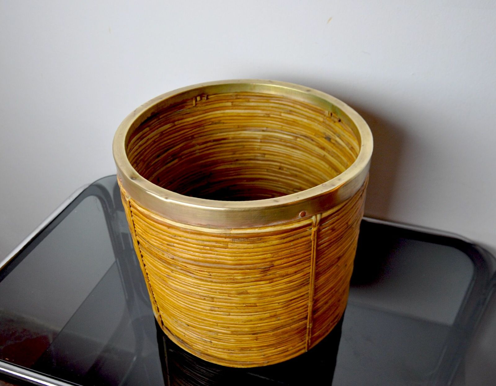 Rattan And Brass Planter Basket, Italy, 1970 photo 1268.0