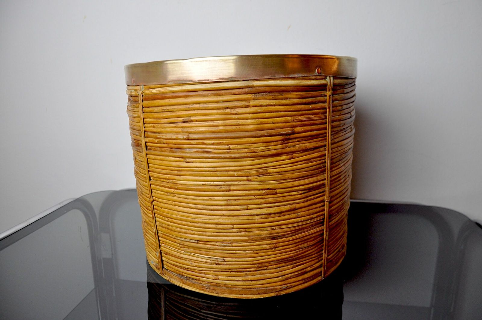 Rattan And Brass Planter Basket, Italy, 1970 photo vinterior