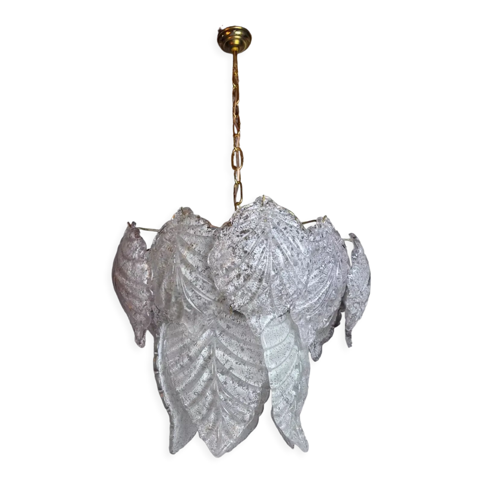 Chandelier "Leaves" 2 Levels, Frosted Glass, Murano Mazzega, Italy 1960