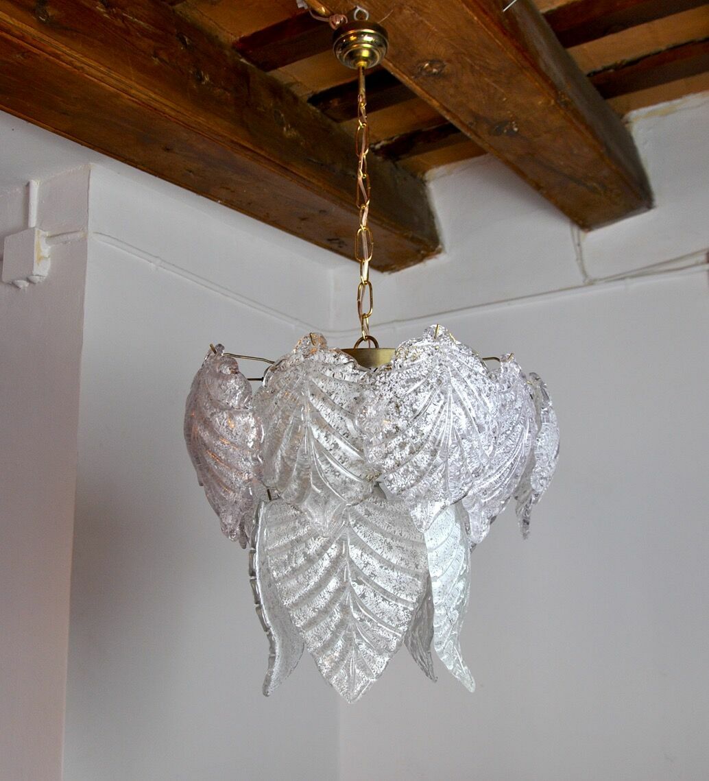 Chandelier "Leaves" 2 Levels, Frosted Glass, Murano Mazzega, Italy 1960 photo vinterior