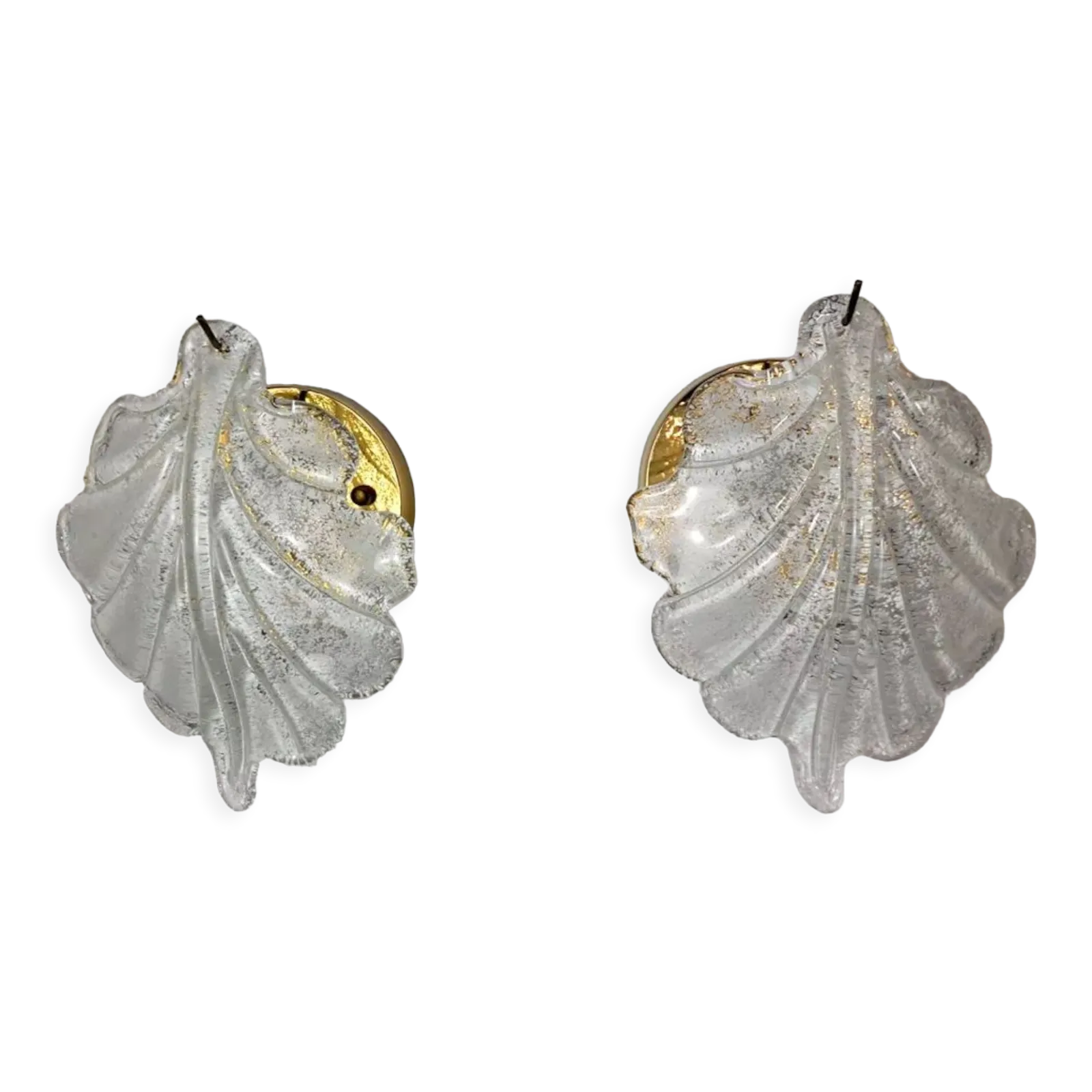 Pair Of Wall Lamps Feuille By Murano Mazzega In Frosted Glass Italy 1970