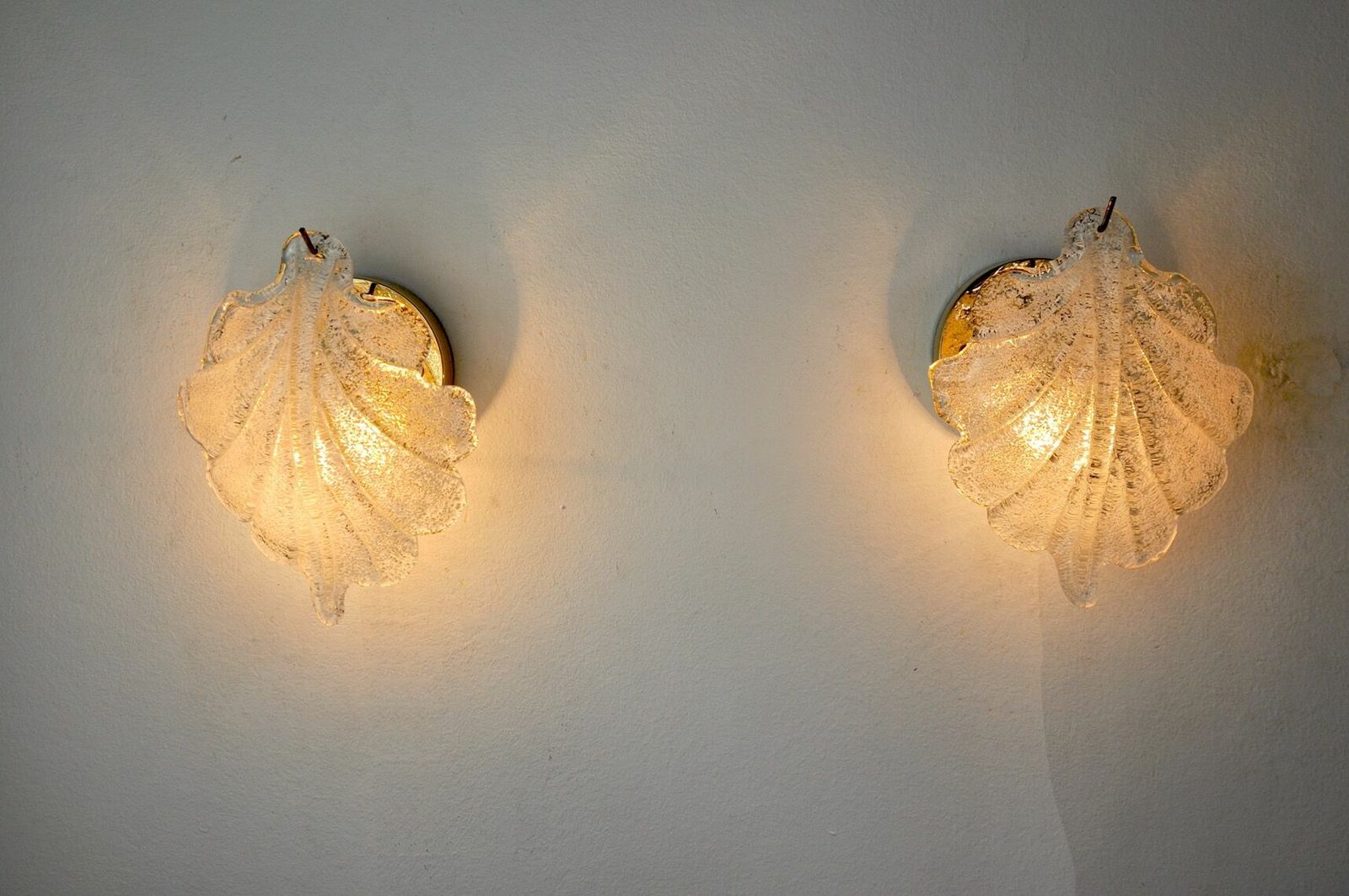 Pair Of Wall Lamps Feuille By Murano Mazzega In Frosted Glass Italy 1970 photo furniture