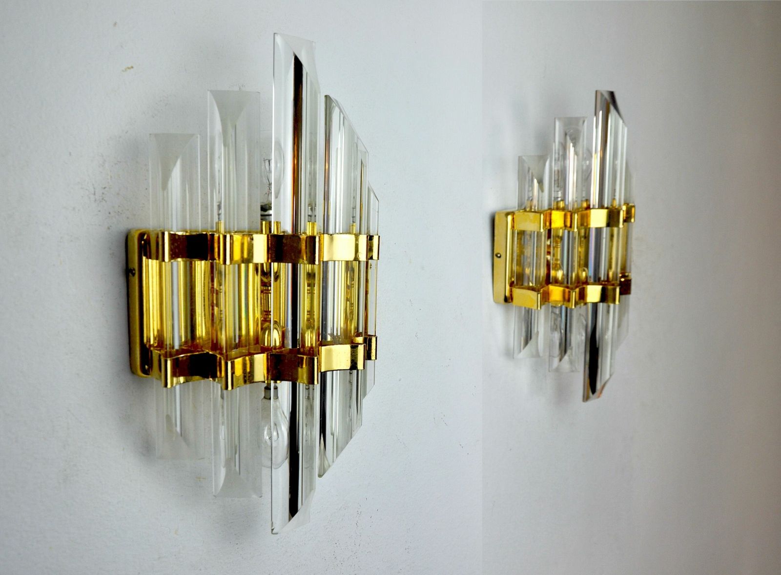 Pair Of Venini Wall Lamps Cut Glass Murano Italy 1970 photo vintage