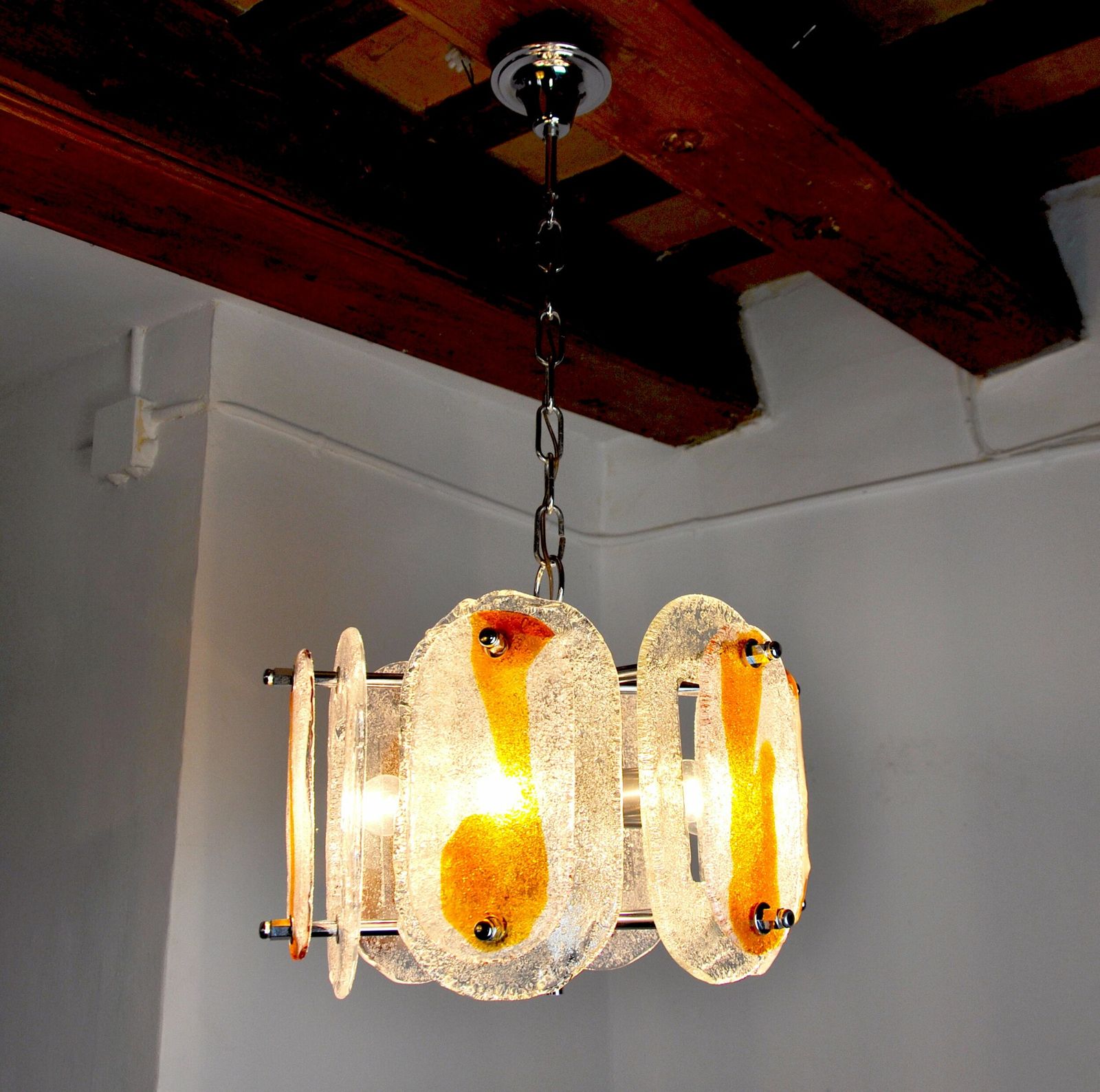 Mazzega Murano Chandelier, Orange Frosted Glass, Italy, 1970 photo for sale