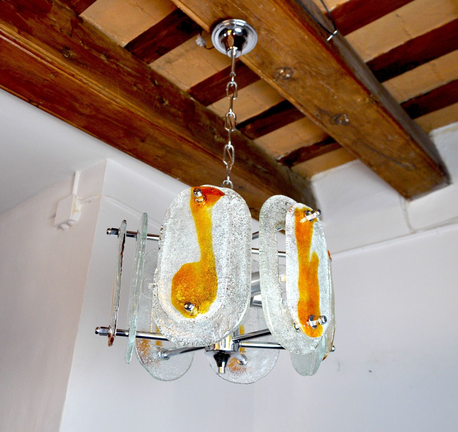 Mazzega Murano Chandelier, Orange Frosted Glass, Italy, 1970 photo Lighting