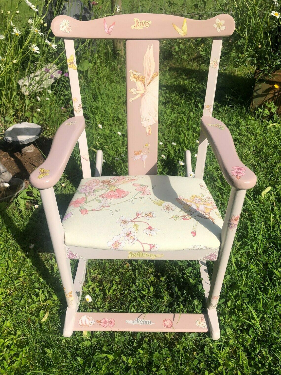 Children’s Chair – Re Upholstered – Upcycled – Vintage – Nursery Furniture   Children’s Rocking Chair Painted Furniture  Fairy Theme photo Furniture