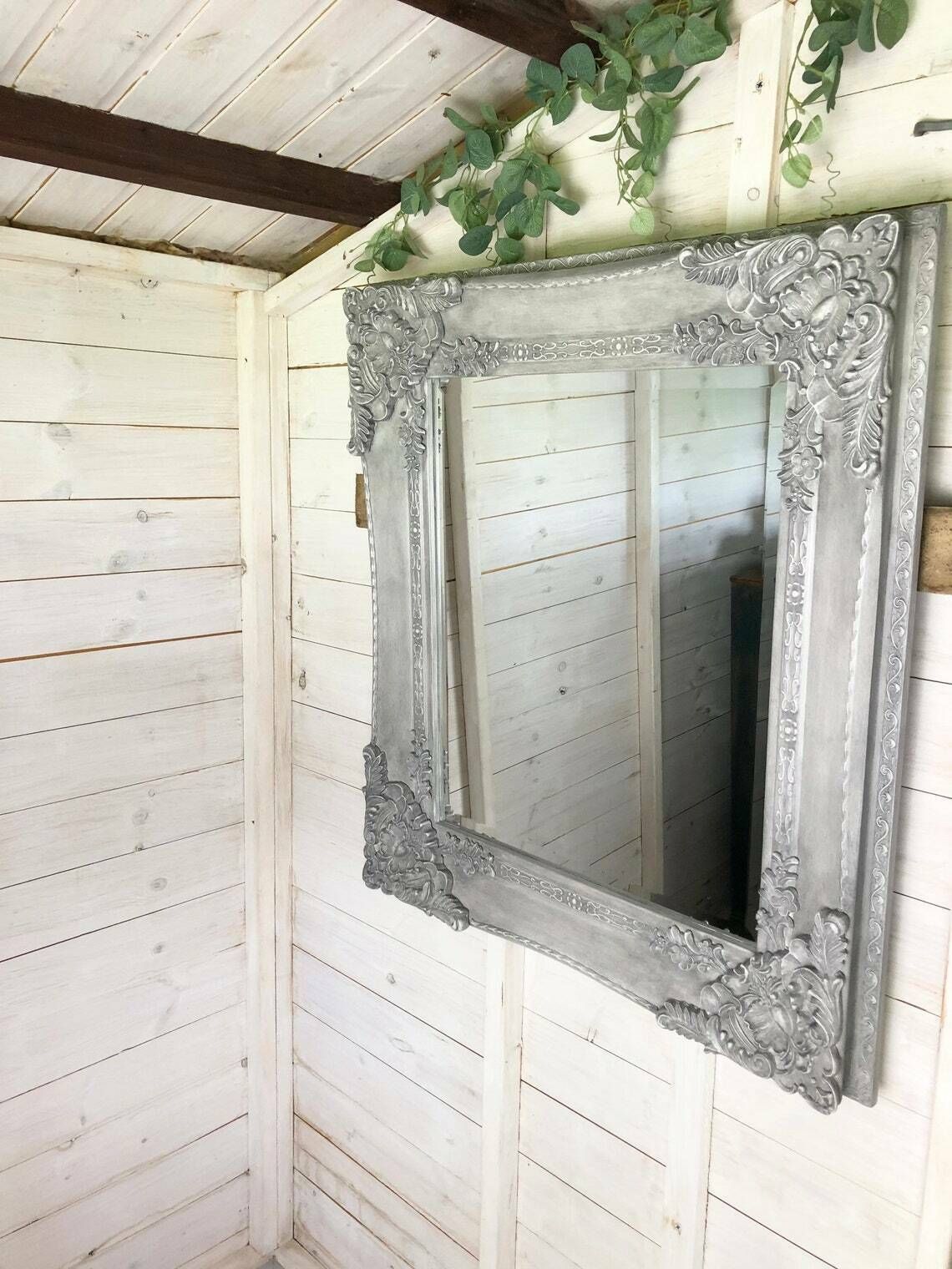 Mirror – Recreated Large Carved Bevelled Mirror – Defining Wax To Detail – Grey – Statement Mirror – Bedroom – Bathroom   Living Room