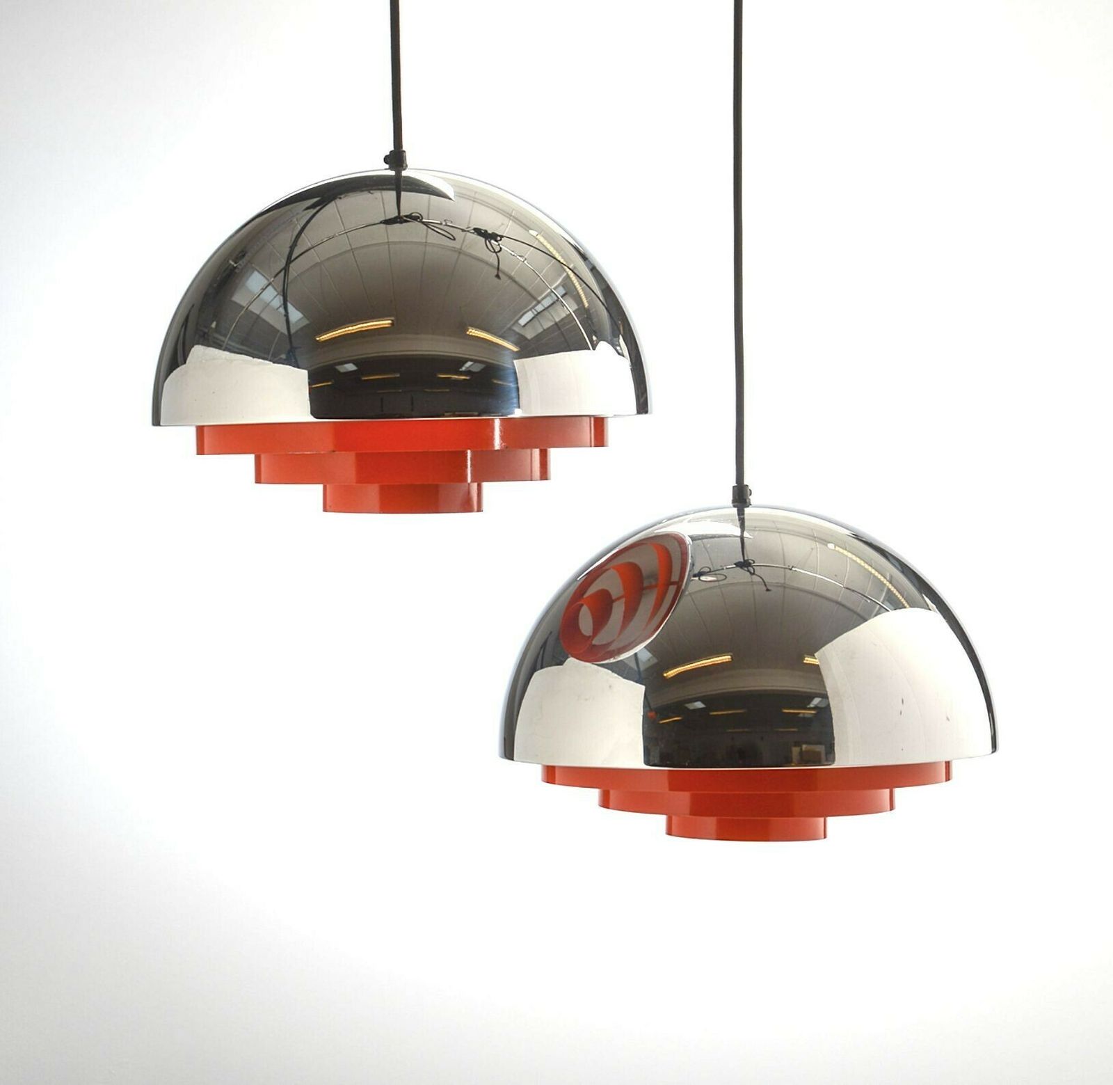 A Pair Of Orignal Chrome And Orange "Milieu" Ceiling Lights By Jo Hammerborg