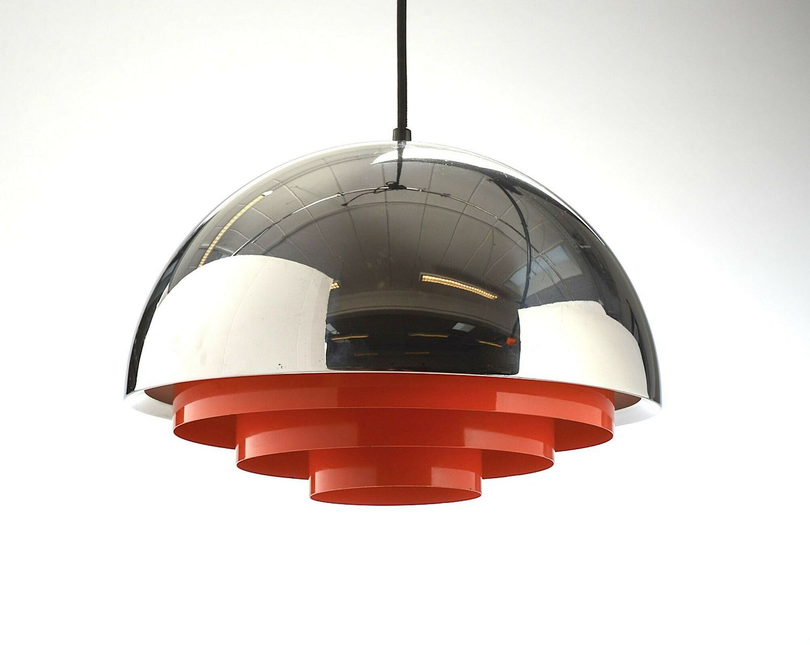 A Pair Of Orignal Chrome And Orange "Milieu" Ceiling Lights By Jo Hammerborg photo for sale