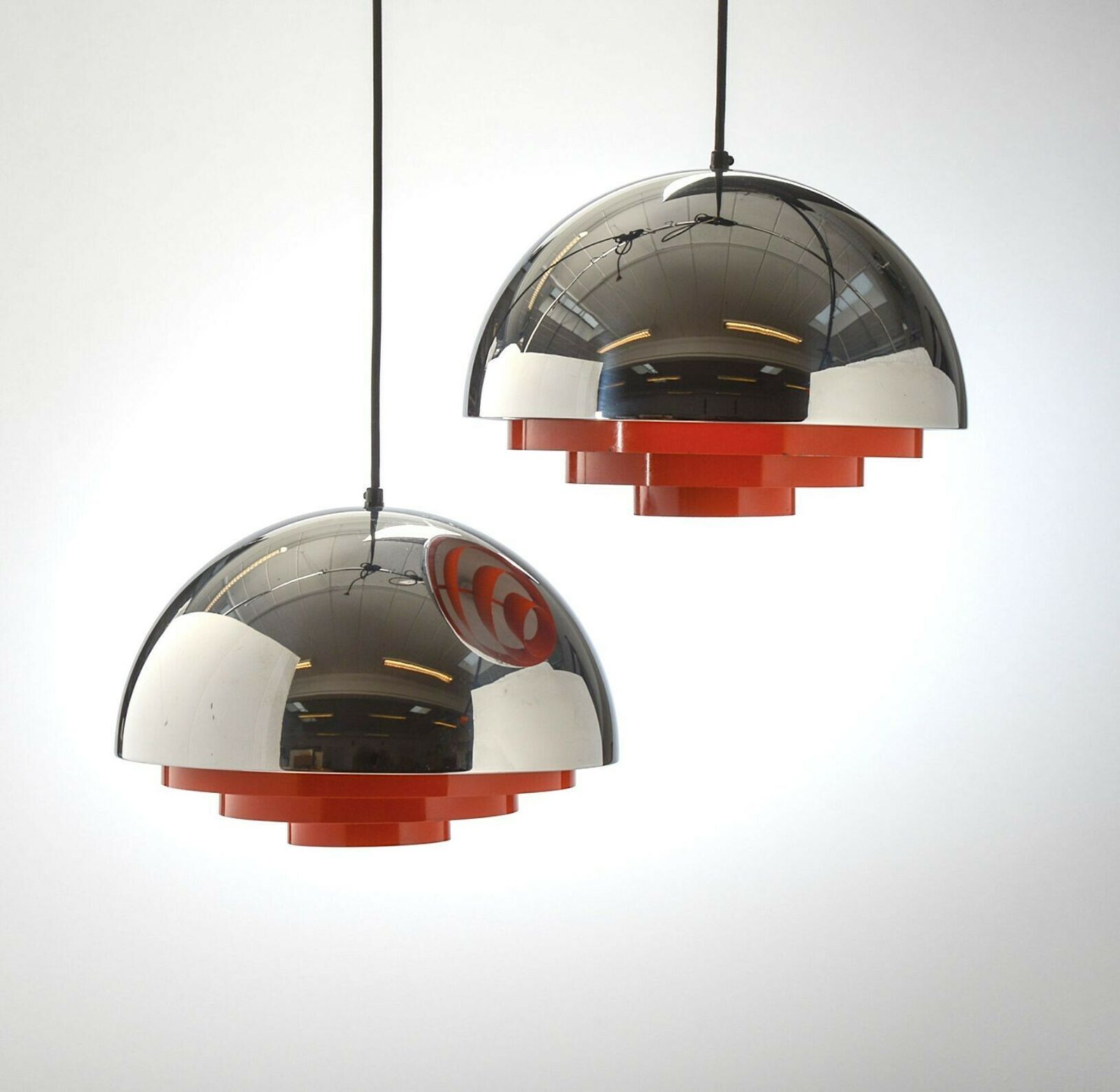 A Pair Of Orignal Chrome And Orange "Milieu" Ceiling Lights By Jo Hammerborg photo Lighting