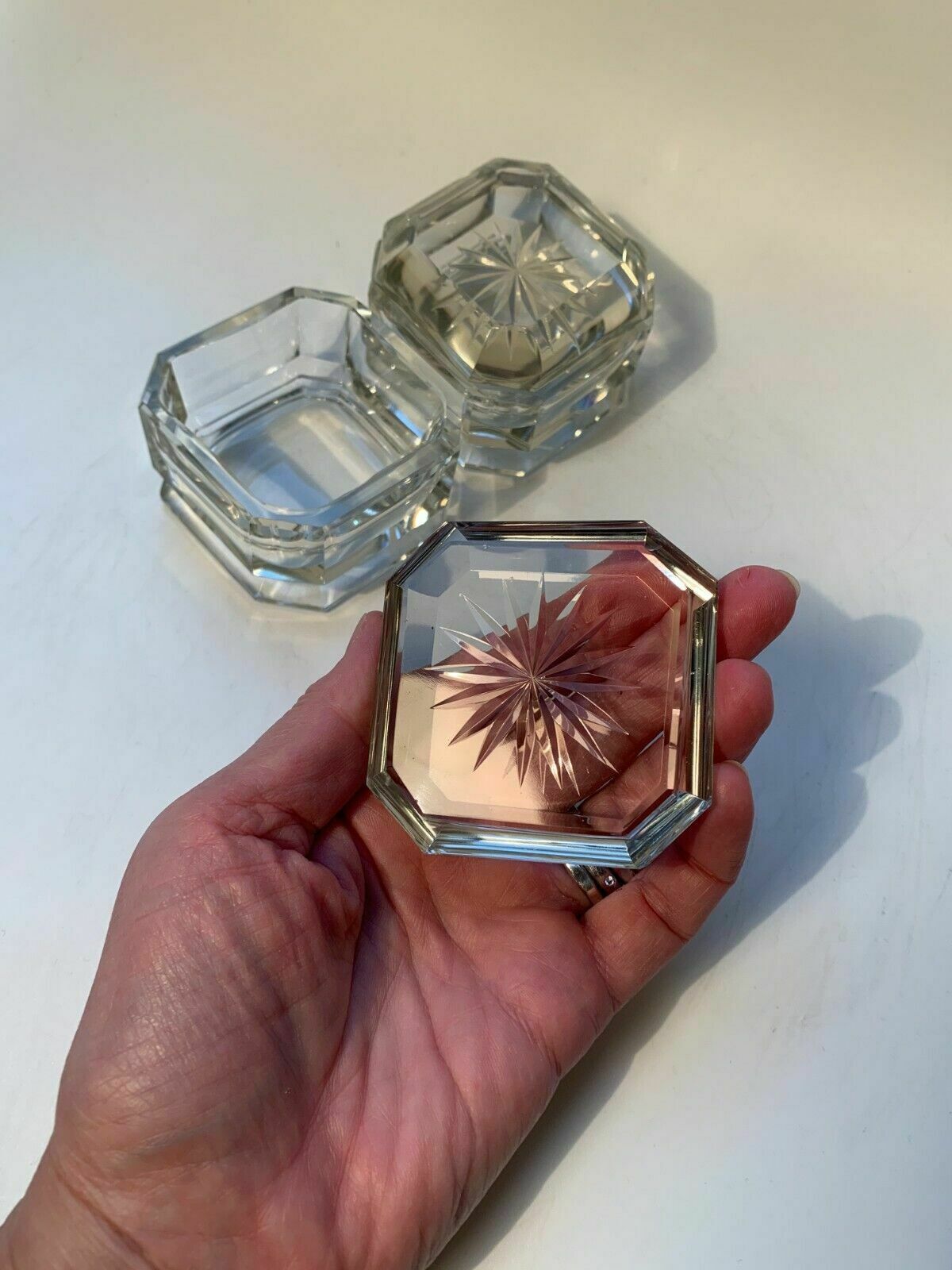 Pair Of Art Deco Crystal Glass Lidded Vanity Dresser Jars photo vinterior