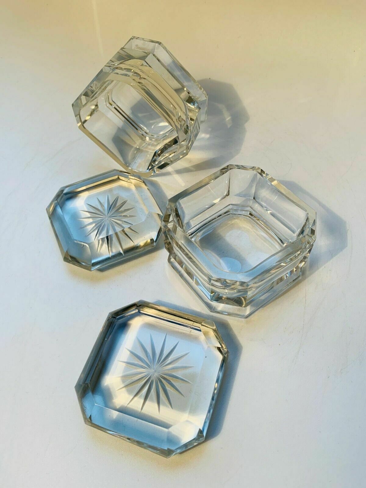 Pair Of Art Deco Crystal Glass Lidded Vanity Dresser Jars photo buy