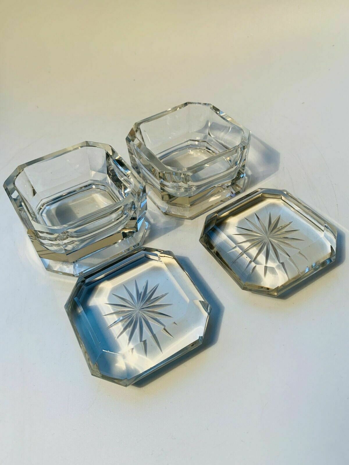 Pair Of Art Deco Crystal Glass Lidded Vanity Dresser Jars photo vintage