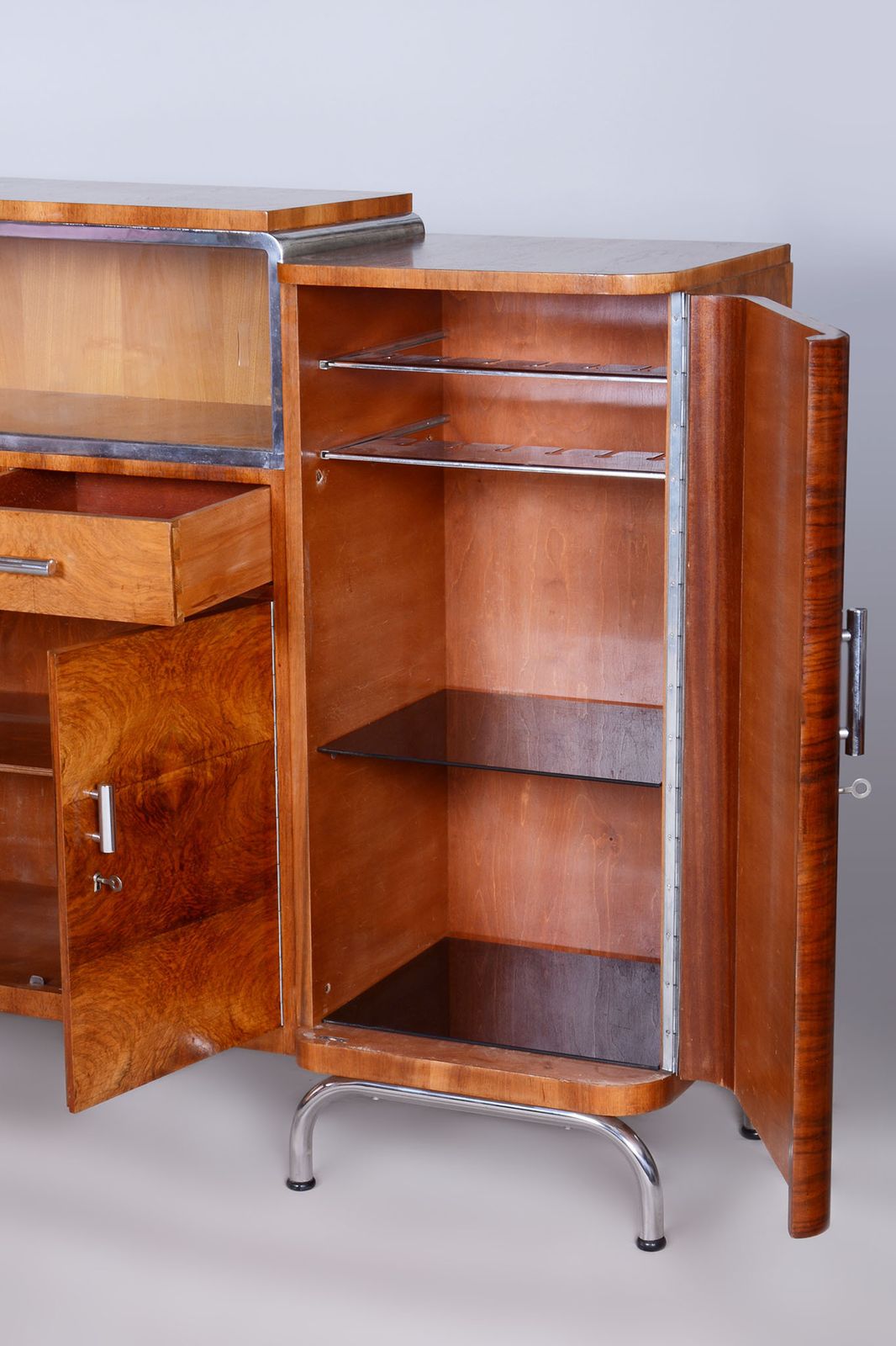Restored Walnut Bauhaus Sideboard By Robert Slezak, Chrome Plated Steel, Czechia, 1930s photo 6000.0