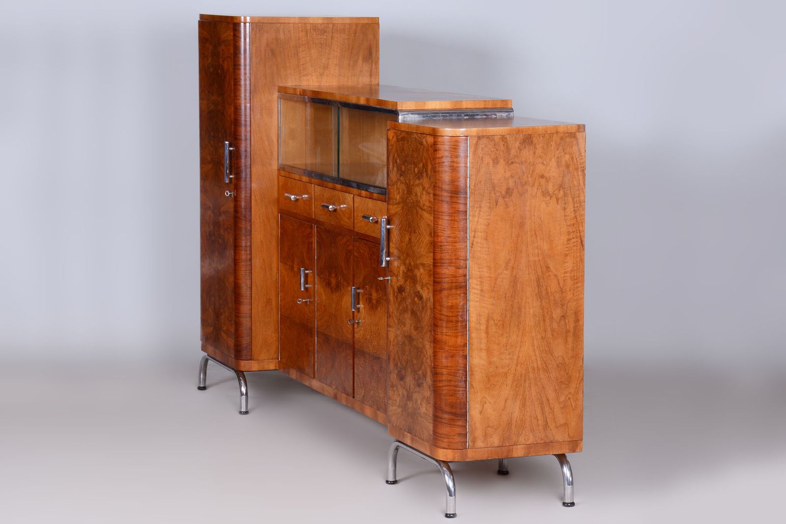photo furniture Restored Walnut Bauhaus Sideboard By Robert Slezak, Chrome Plated Steel, Czechia, 1930s