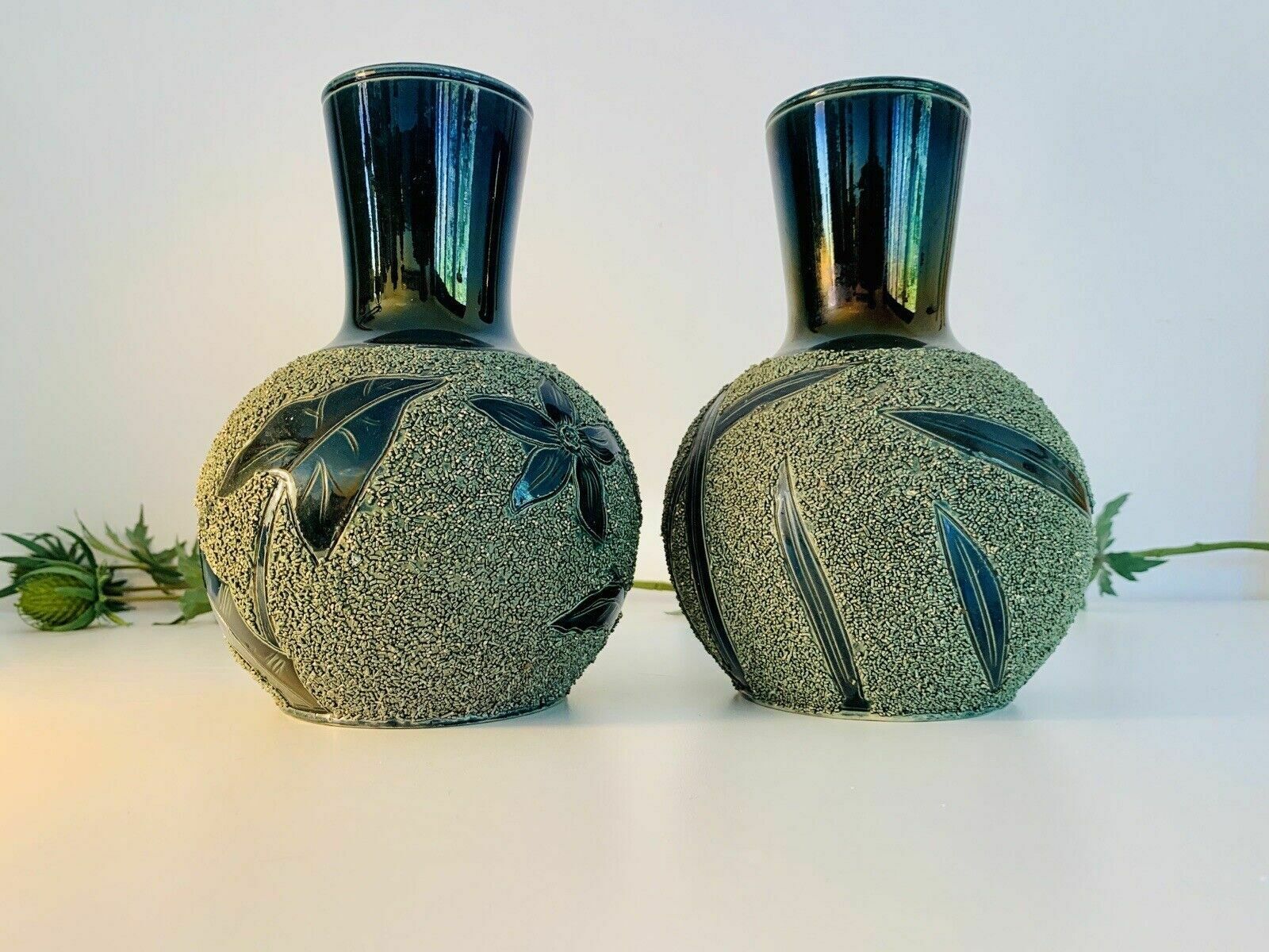 Rare Pair Of Majolica Forester & Sons Arbor Florescent Green Sanded Mantle Vases photo buy