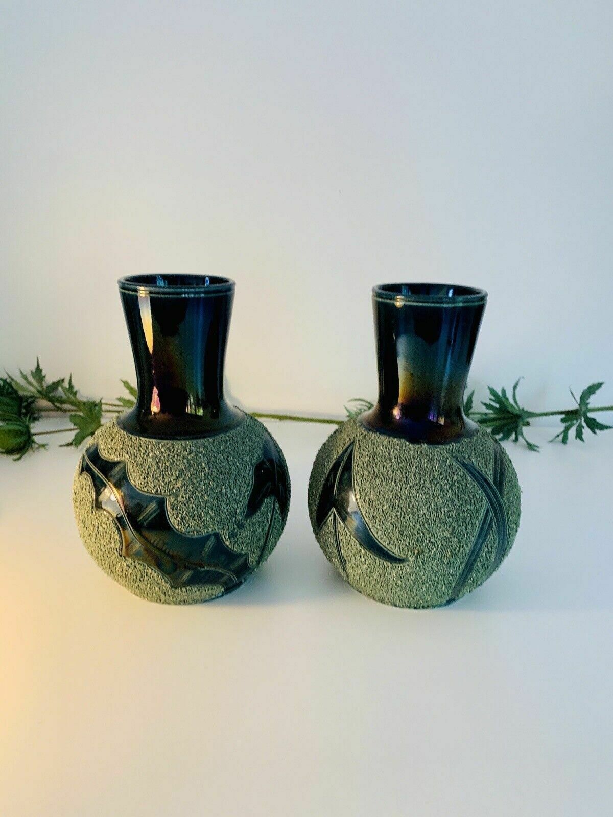Rare Pair Of Majolica Forester & Sons Arbor Florescent Green Sanded Mantle Vases photo vintage