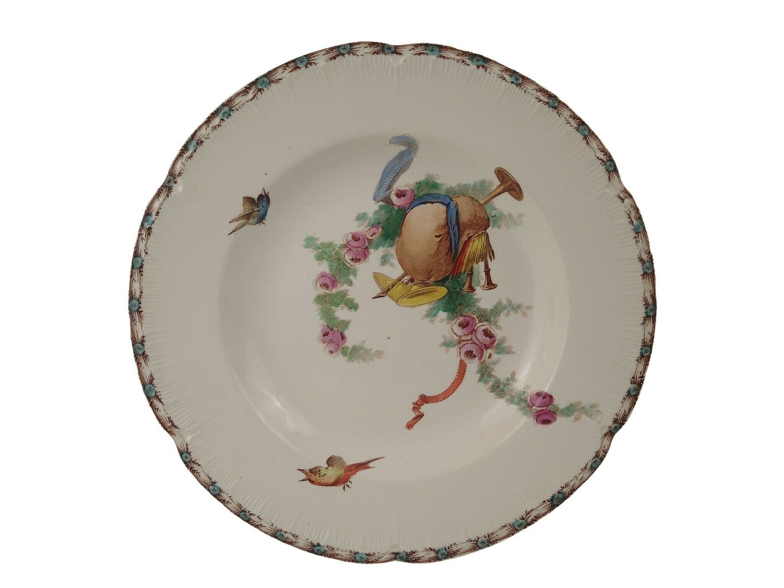 Antique French Ironstone Soup & Pasta Plates Set Of 4 By Choisy Le Roi With Transferware Birds, Roses And Musical Instruments photo buy