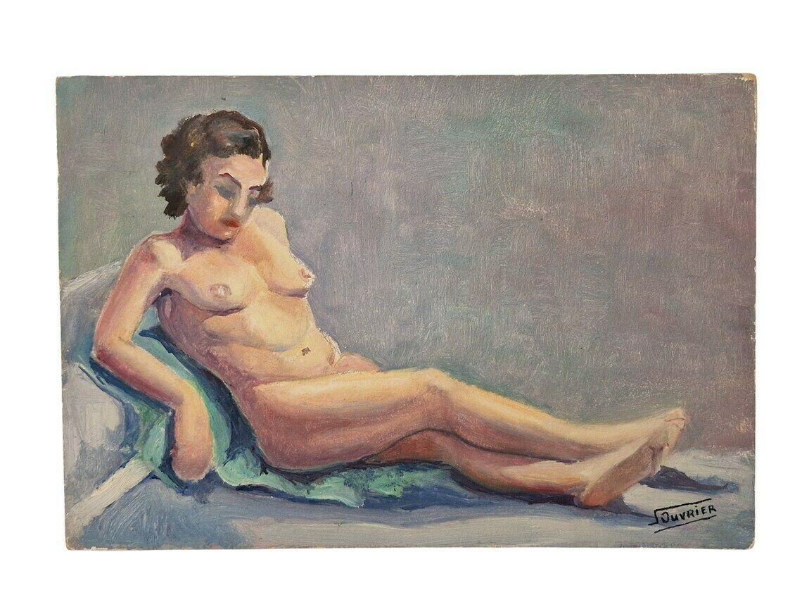 French Nude Woman Painting, Mid Century Naked Lady Portrait, Suzanne Ouvrier Signed Erotic Art