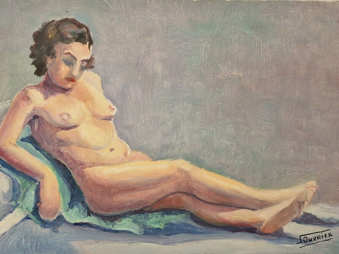 French Nude Woman Painting, Mid Century Naked Lady Portrait, Suzanne Ouvrier Signed Erotic Art photo for sale
