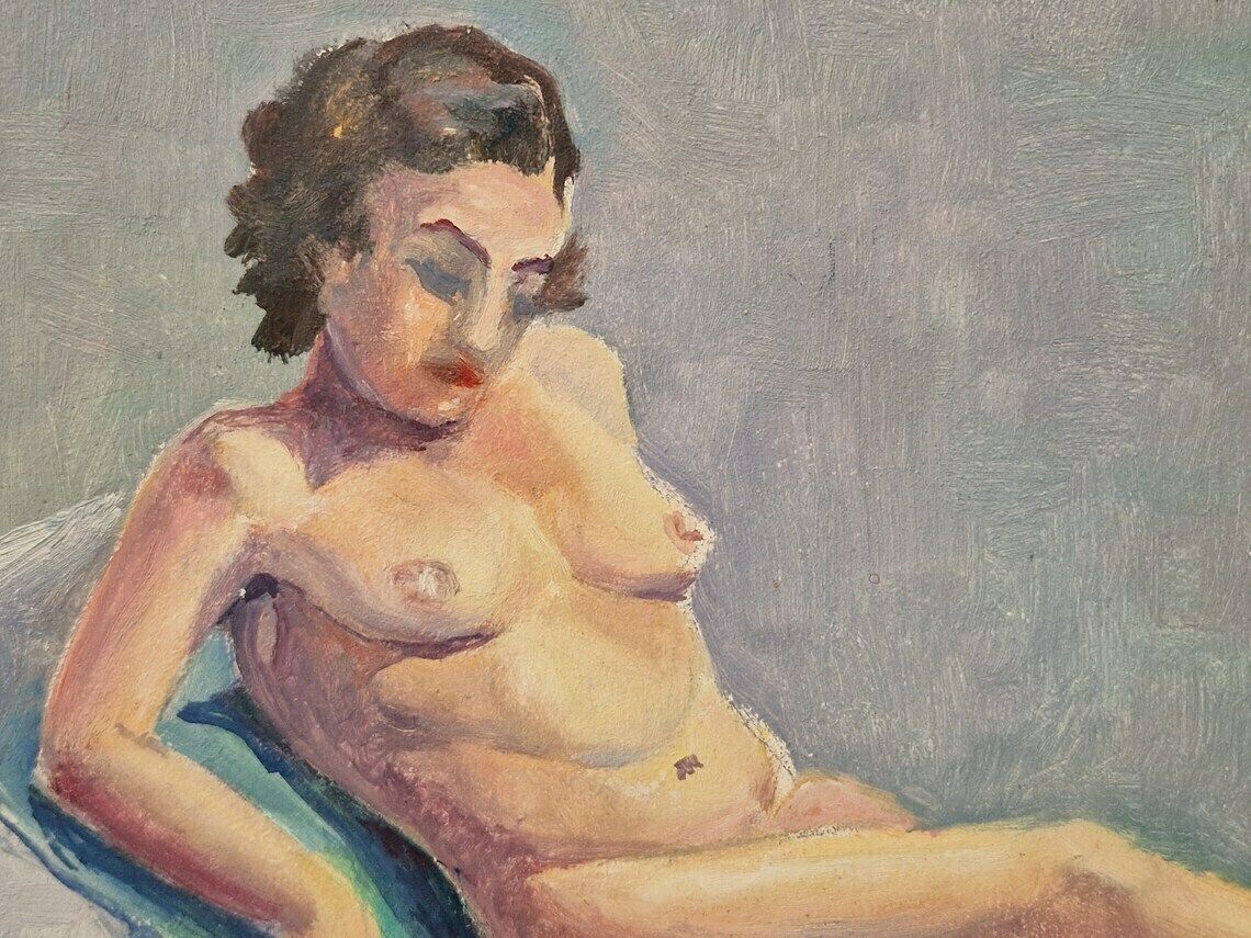 French Nude Woman Painting, Mid Century Naked Lady Portrait, Suzanne Ouvrier Signed Erotic Art photo Art