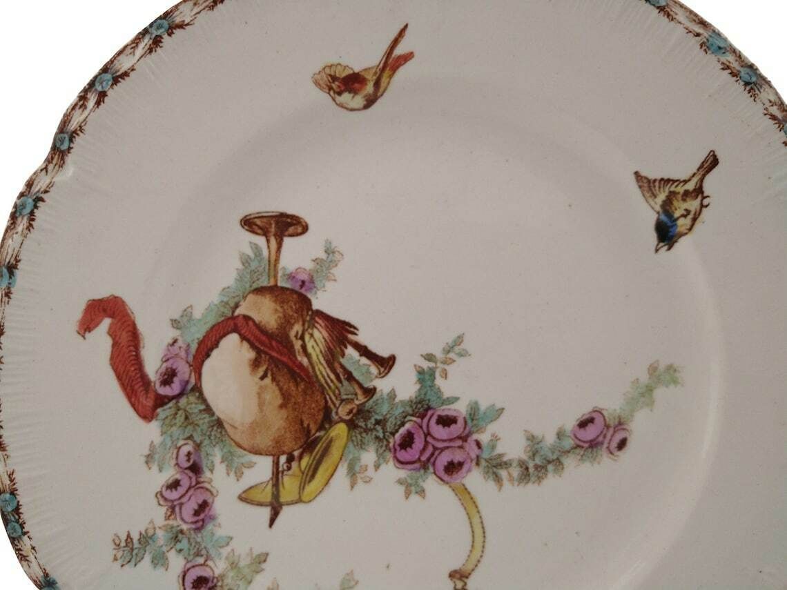 photo furniture Antique French Ironstone Dinner Plates Set Of 4 By Choisy Le Roi With Transferware Birds, Roses And Musical Instruments