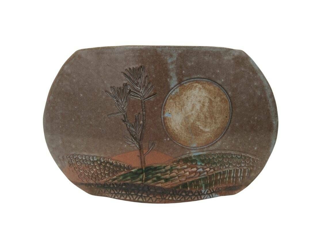 Mid Century Art Studio Pottery Vase With Full Moon And Tree Landscape Signed Ap, Modernist French Mcm Ceramic