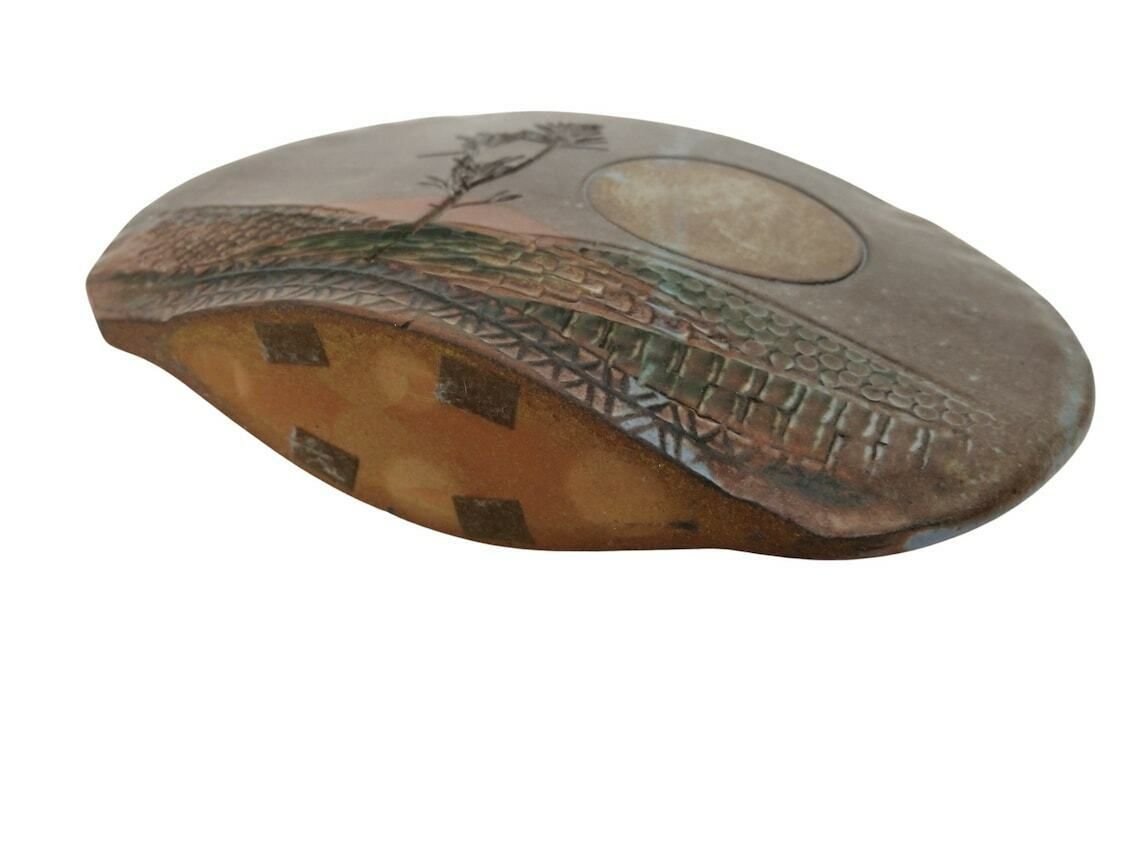 photo for sale Mid Century Art Studio Pottery Vase With Full Moon And Tree Landscape Signed Ap, Modernist French Mcm Ceramic