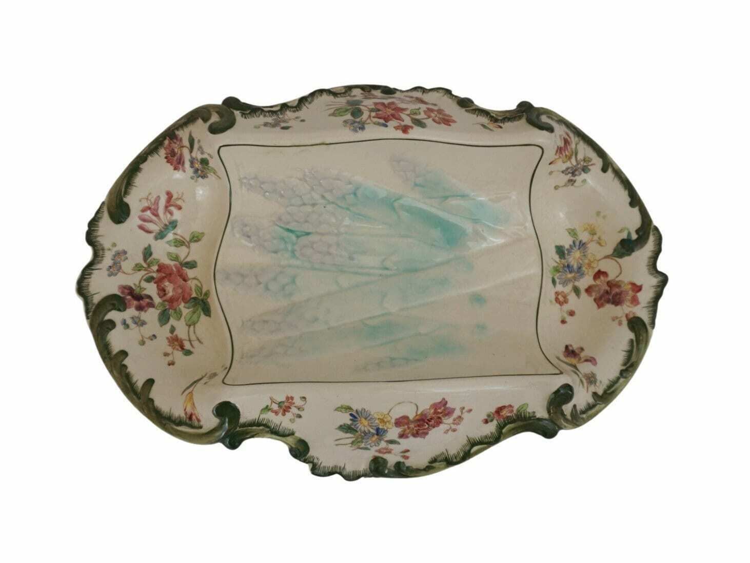 Antique French Faience Asparagus Cradle Platter By Longchamp With Hand Painted Spring Flower Decor