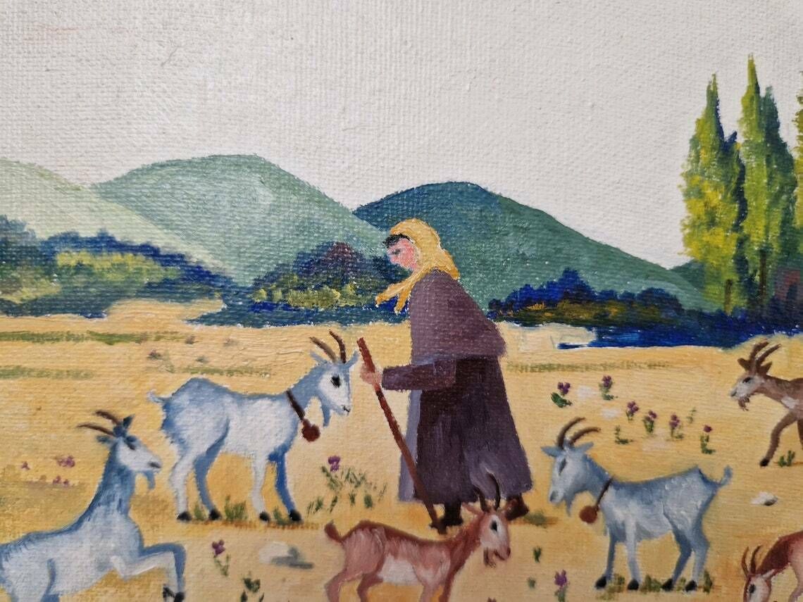 Female Goatherd With Flock Of Goats In French Country Landscape Painting, Framed Rustic Farmhouse Art And Wall Decor photo furniture