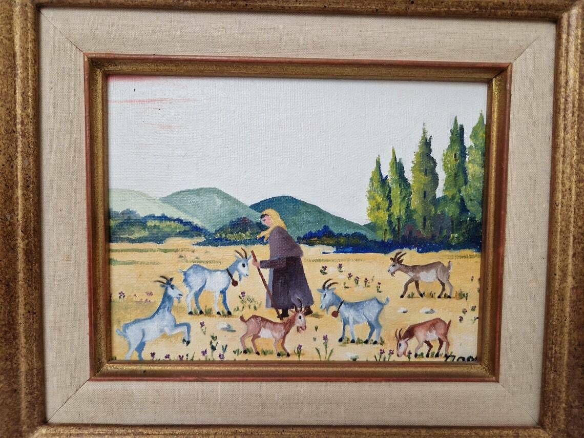Female Goatherd With Flock Of Goats In French Country Landscape Painting, Framed Rustic Farmhouse Art And Wall Decor photo Art