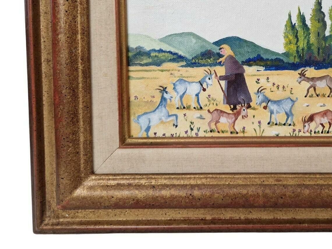 Female Goatherd With Flock Of Goats In French Country Landscape Painting, Framed Rustic Farmhouse Art And Wall Decor photo vintage